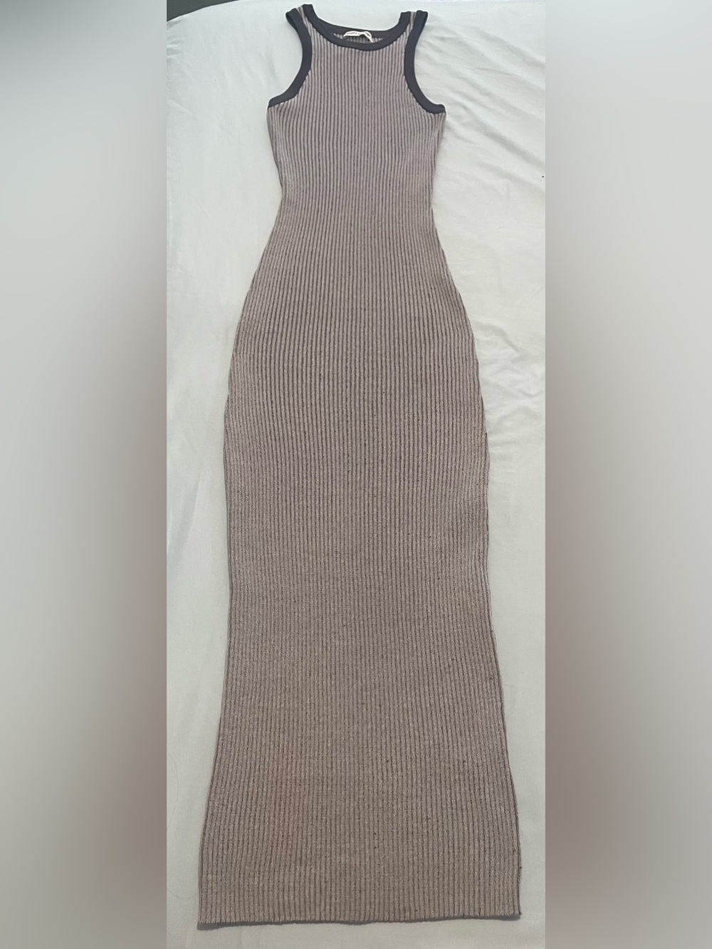 Sleeveless Ribbed Maxi Dress in Taupe with Contrast Trim